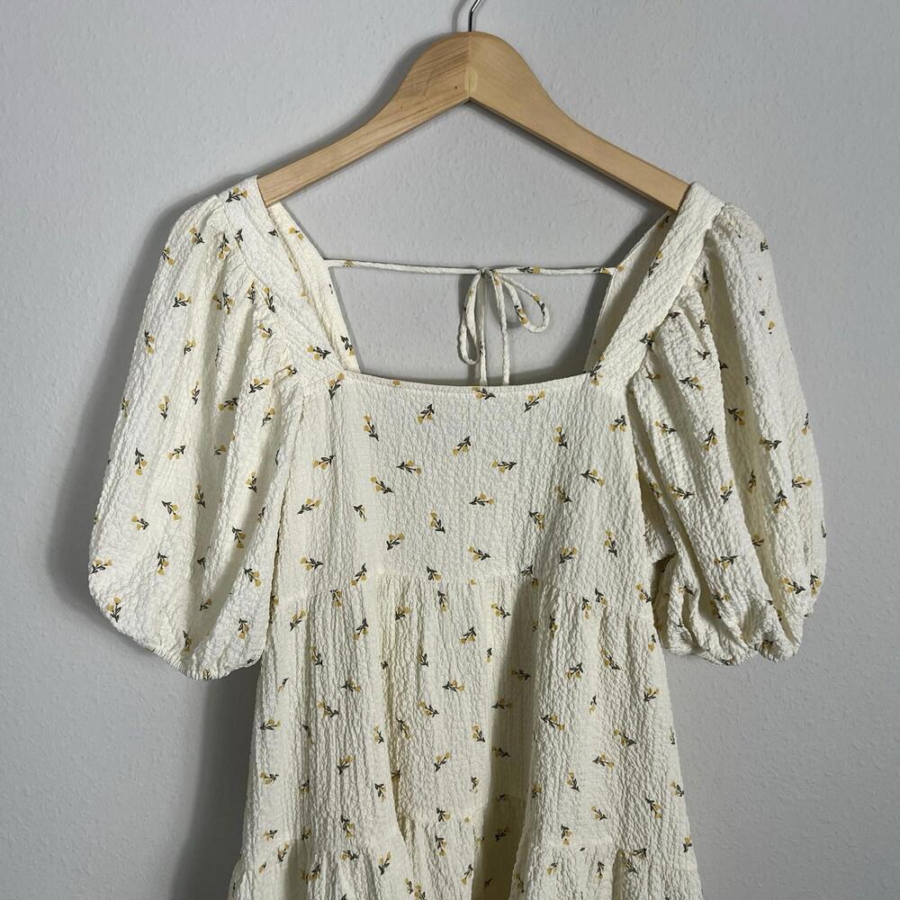 Bohme Tiered Midi Dress Floral Textured Seersucker Cream Fairy Cottage Large - Picture 2 of 7